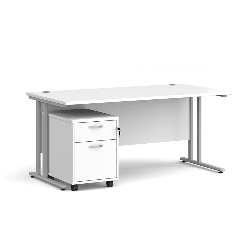 A white finish desk with a 2 drawer pedestal bundle on a white background