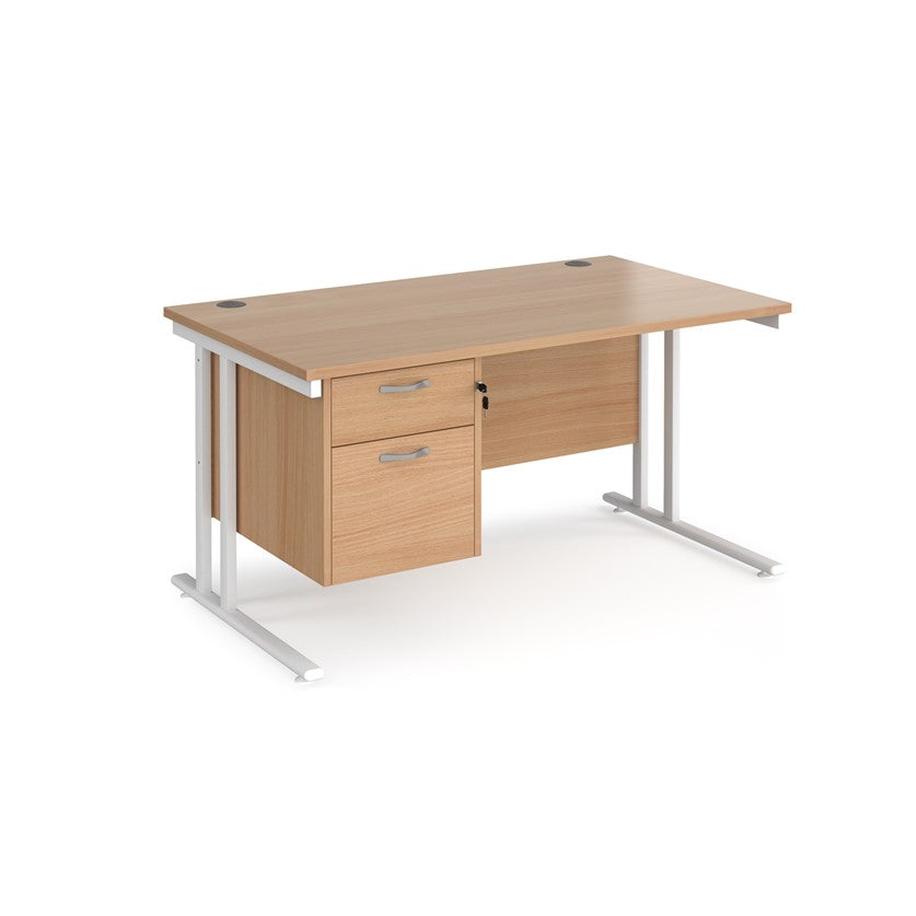 Rectangular office desk with a black cantilever frame and a beige two-drawer fixed pedestal. The desk has a melamine finish and is pictured against a white background.