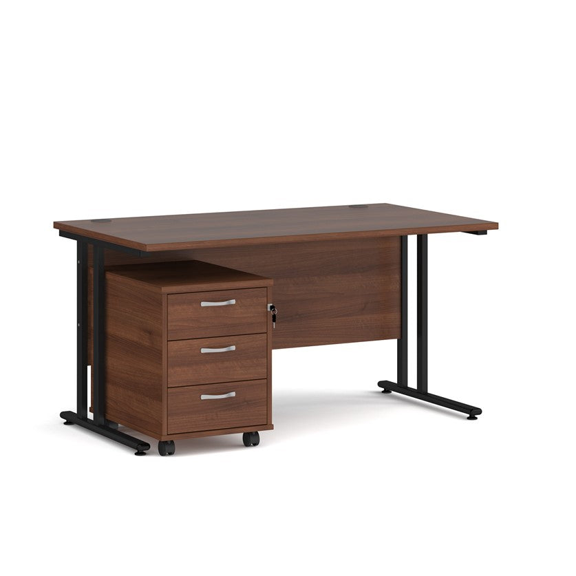 A Walnut  finish desk with a 3 drawer pedestal bundle on a white background