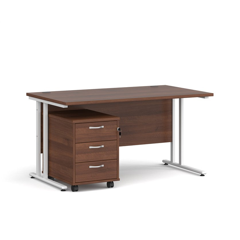A Walnut  finish desk with a 3 drawer pedestal bundle on a white background12