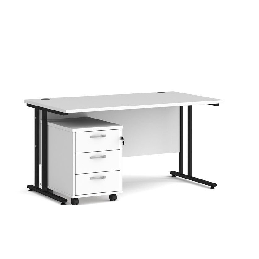 A White finish desk with a 3 drawer pedestal bundle on a white background