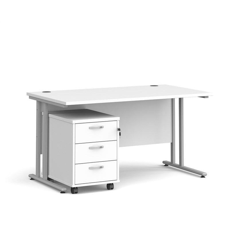 A White finish desk with a 3 drawer pedestal bundle on a white background