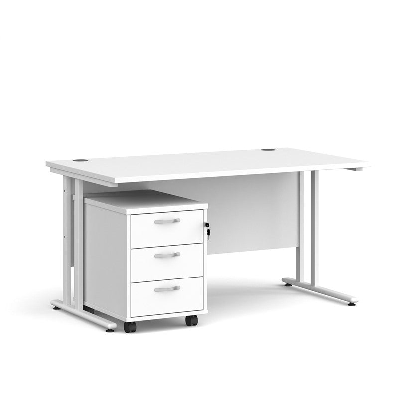 A White finish desk with a 3 drawer pedestal bundle on a white background