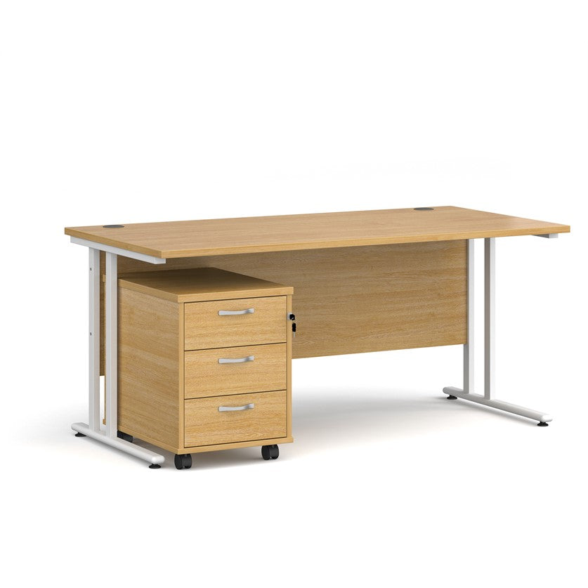 A Oak finish desk with a 3 drawer pedestal bundle on a white background