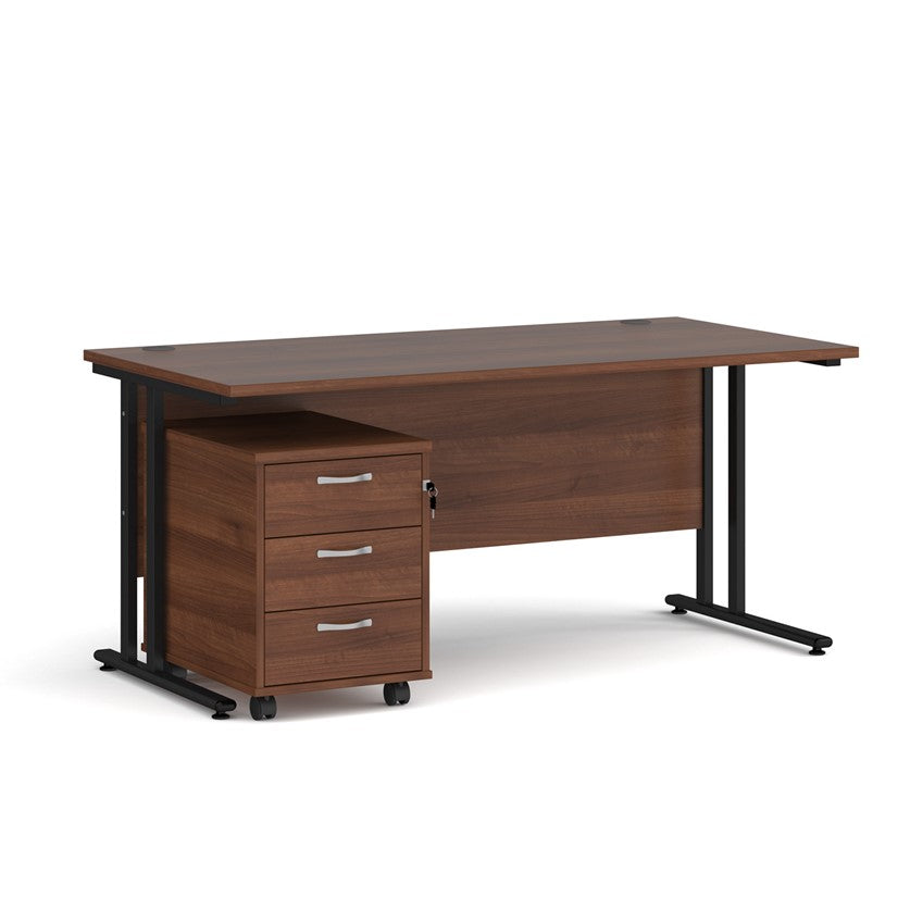 A Walnut finish desk with a 3 drawer pedestal bundle on a white background