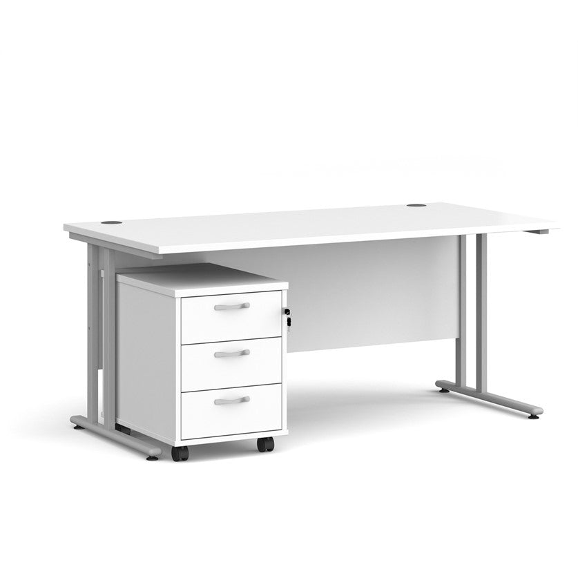 A Oak finish desk with a 3 drawer pedestal bundle on a white background
