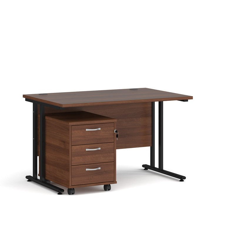 A Walnut finish desk with a 3 drawer pedestal bundle on a white background