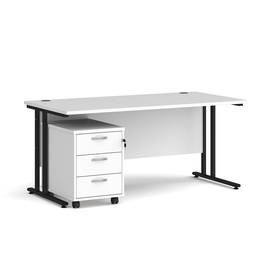 A white finish desk with a 3 drawer pedestal bundle on a white background