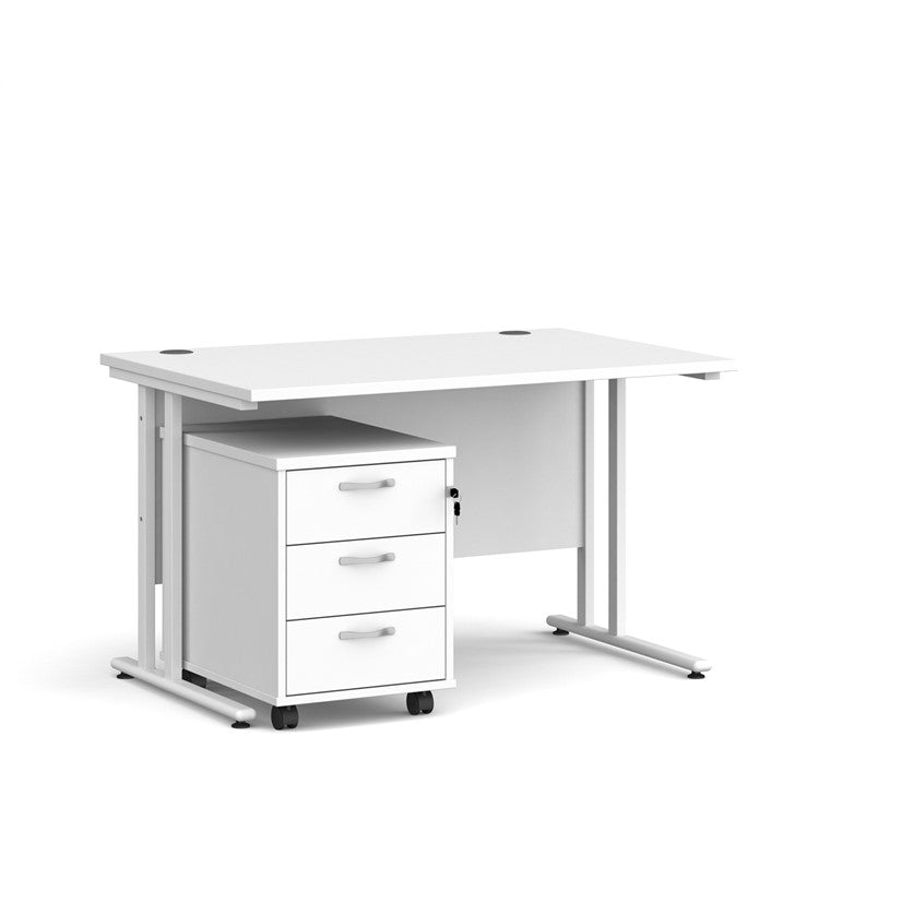 A White finish desk with a 3 drawer pedestal bundle on a white background