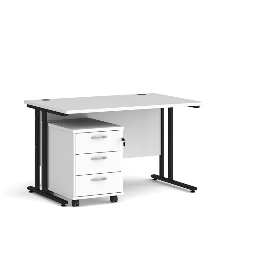 A White finish desk with a 3 drawer pedestal bundle on a white background