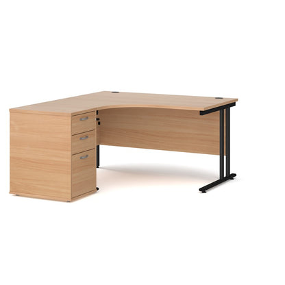 A left-hand corner desk with a black cantilever frame and a beige melamine desktop, featuring a pedestal with two drawers.