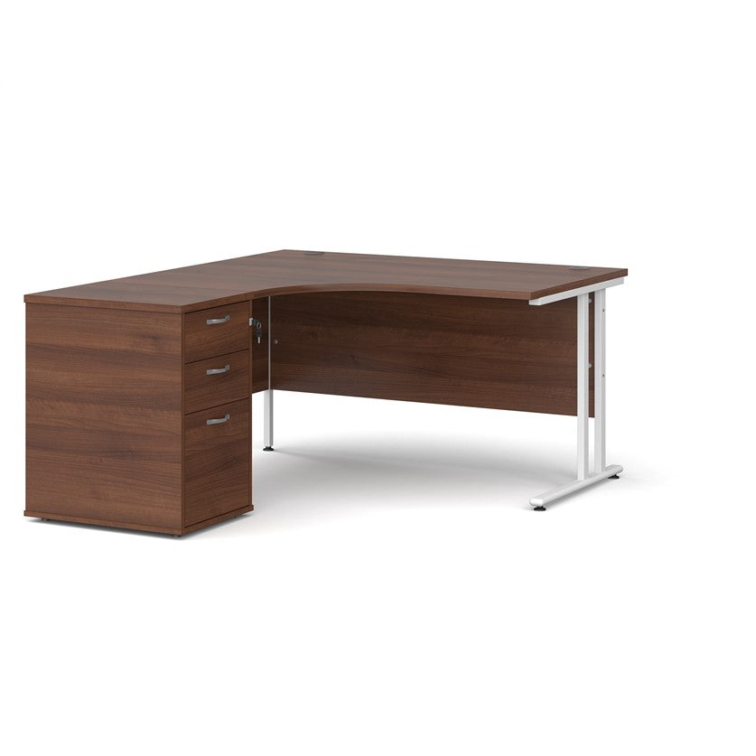 A left-hand corner desk with a cantilever frame and a beige melamine desktop, featuring a pedestal with two drawers.