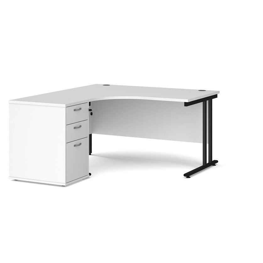 A left-hand corner desk with a cantilever frame and a White melamine desktop, featuring a pedestal with two drawers.