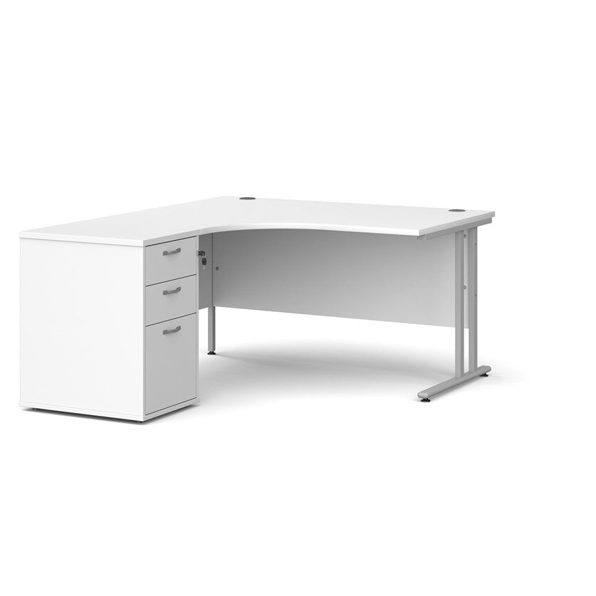A left-hand corner desk with a cantilever frame and a White melamine desktop, featuring a pedestal with two drawers.