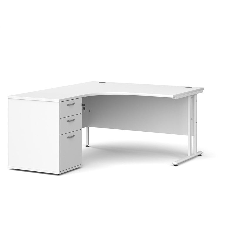 A left-hand corner desk with a cantilever frame and a White melamine desktop, featuring a pedestal with two drawers.