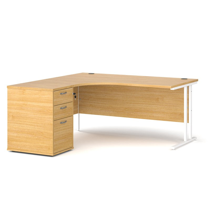A left-hand corner desk with a cantilever frame and a beige melamine desktop, featuring a pedestal with two drawers.23
