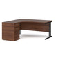 A left-hand corner desk with a cantilever frame and a Walnut melamine desktop, featuring a pedestal with two drawers.
