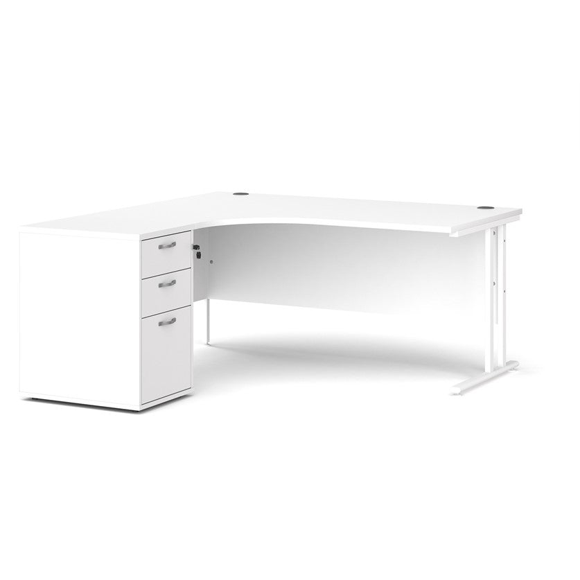 A left-hand corner desk with a cantilever frame and a White  melamine desktop, featuring a pedestal with two drawers.
