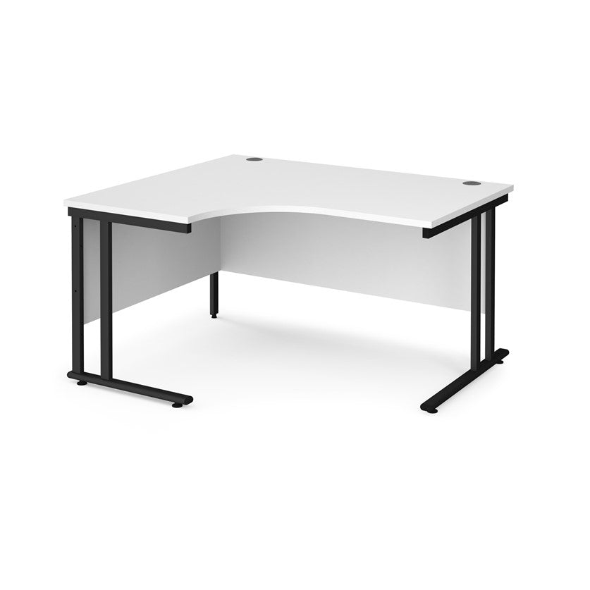 A left hand desk in white finish with black legs. 