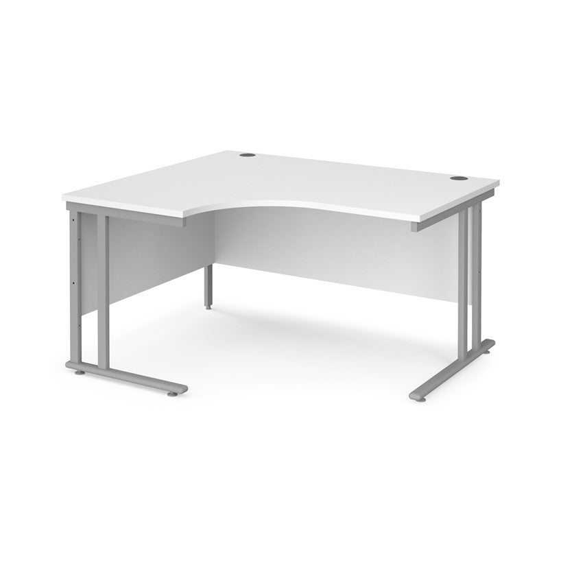 A left hand desk in white finish with grey legs.