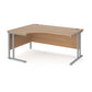 A left hand desk in beech finish with grey legs. 