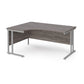A left hand desk in grey finish with grey metal legs.