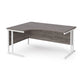A left hand desk in grey finish with white metal legs.