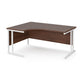 A left hand desk inwalnut finish with white metal legs.