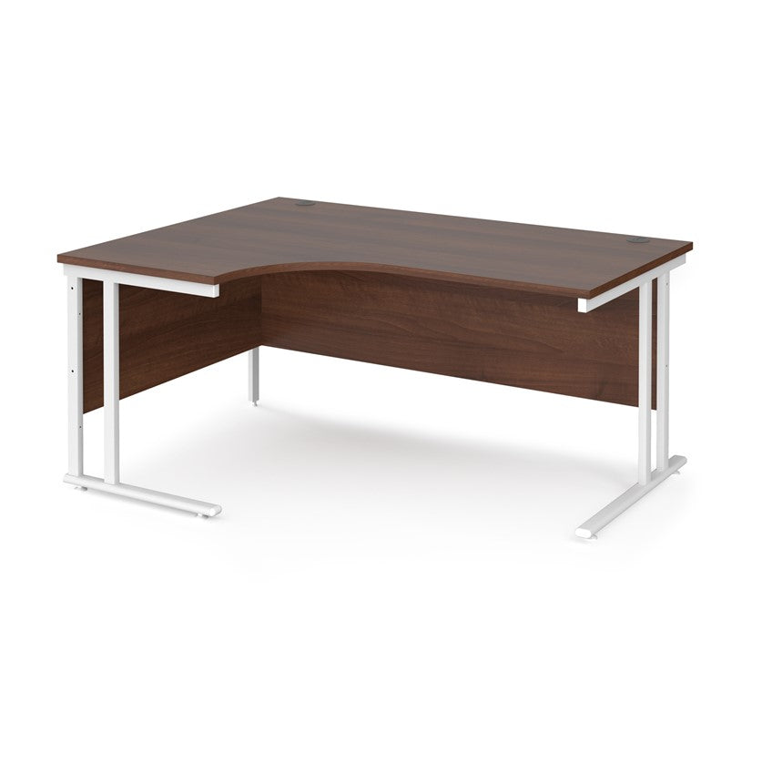 A left hand desk inwalnut finish with white metal legs.