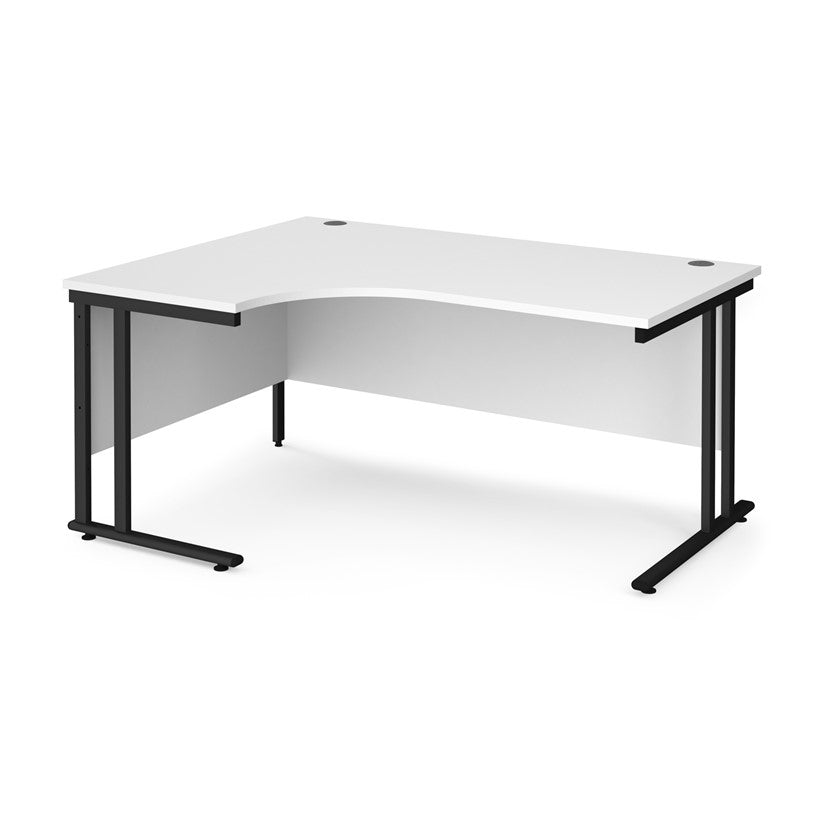 A left hand desk in white finish with black metal legs.