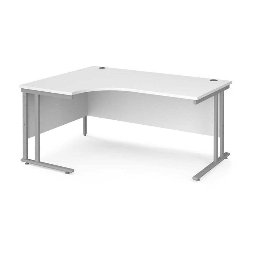 A left hand desk in white with grey metal legs.