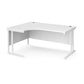 A left habd desk in white with white metal legs. 