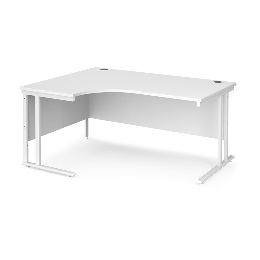 A left habd desk in white with white metal legs. 
