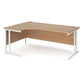 A left hand desk in beech finish with white metal legs. 
