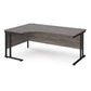 A left hand desk in grey finish with black metal legs.