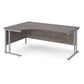 A left hand desk in grey finish with grey metal legs. 