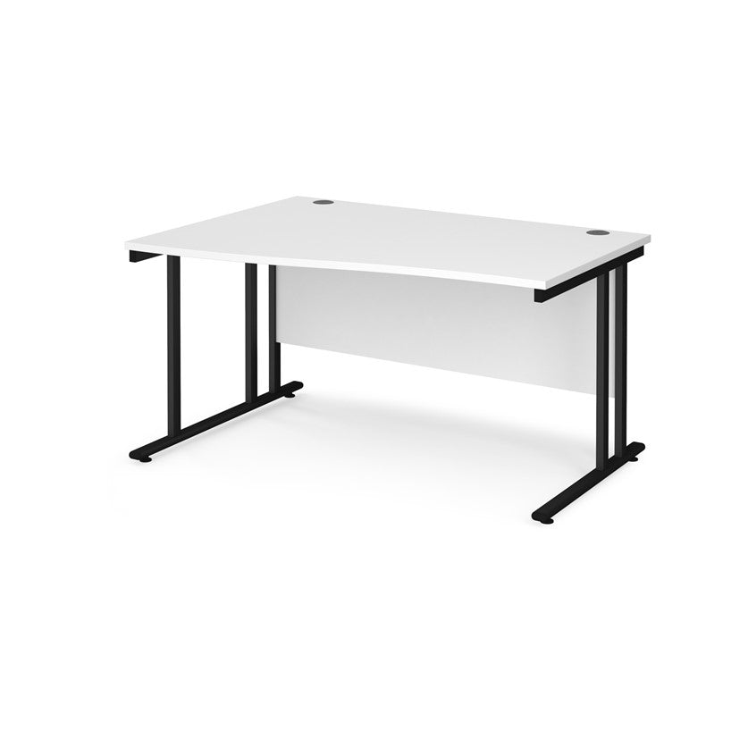 A rectangular office desk with a white tabletop and black cantilever metal legs.
