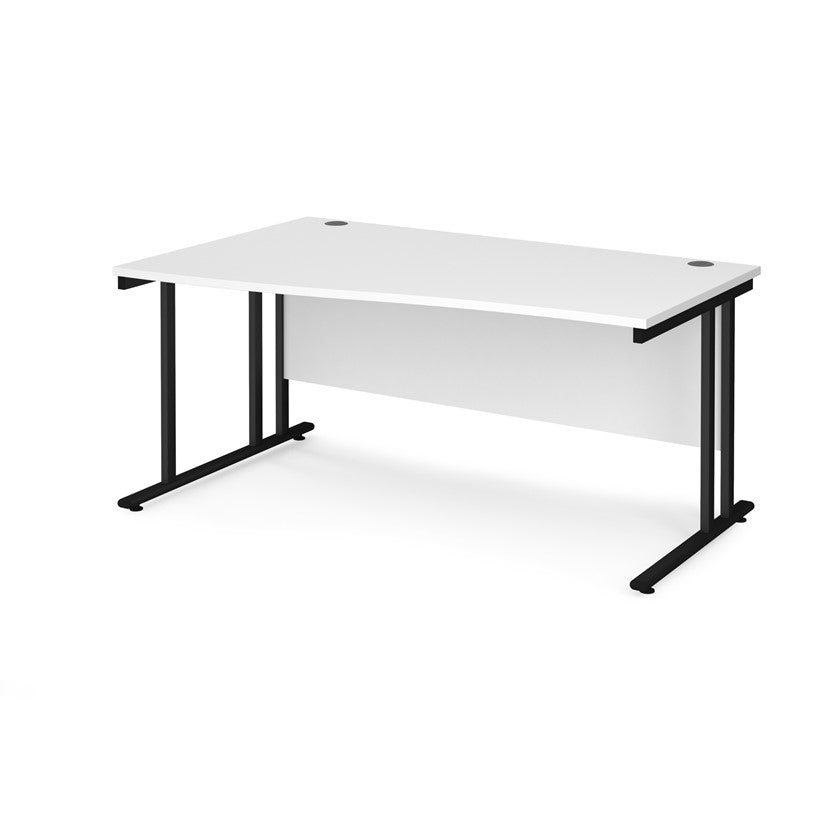 A rectangular office desk with a white tabletop and black cantilever metal legs.

