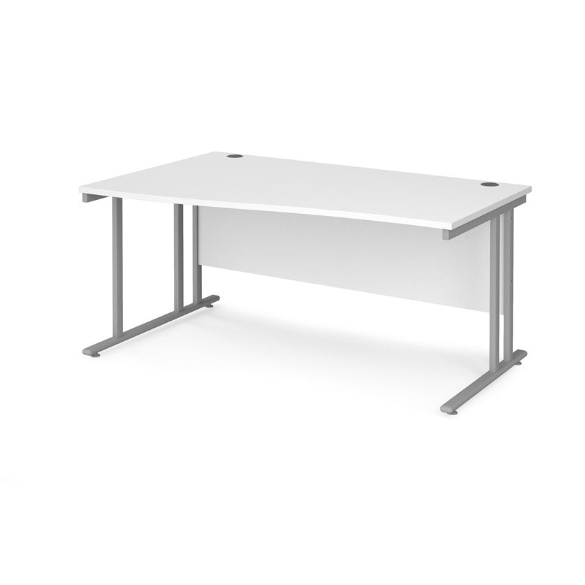 A rectangular office desk with a white tabletop and grey cantilever metal legs.
