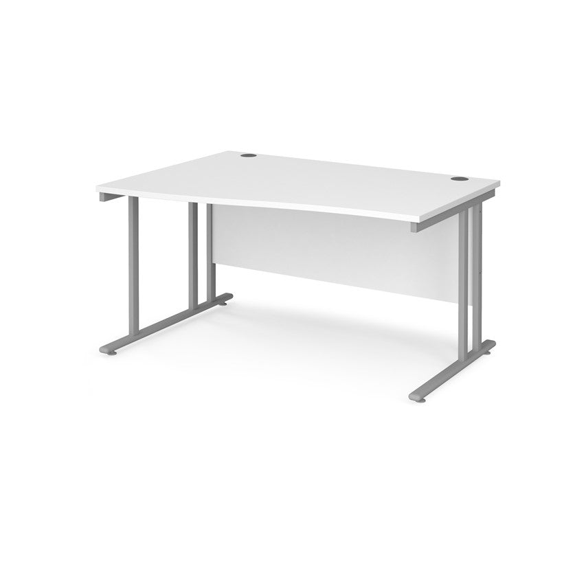 A rectangular office desk with a white tabletop and grey cantilever metal legs.
