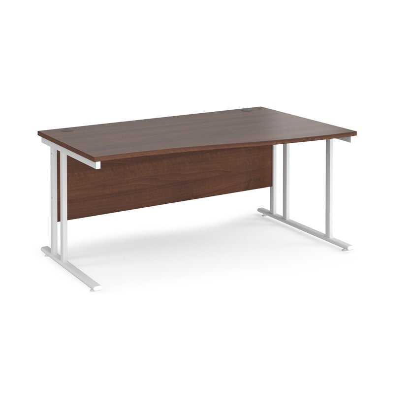 A rectangular office desk with a walnut melamine tabletop and white cantilever metal legs.
