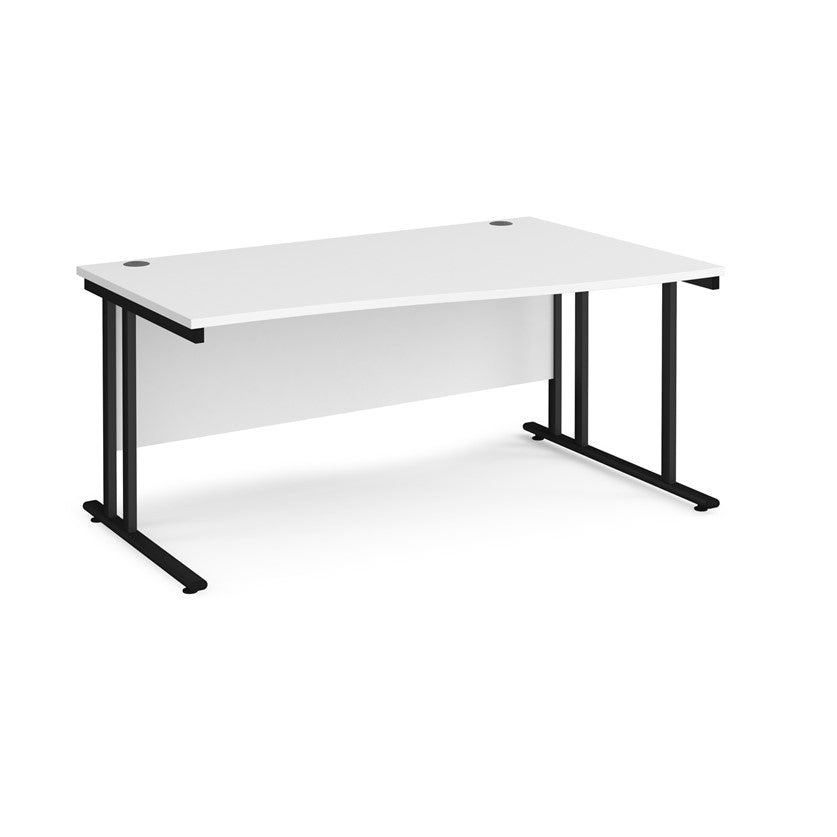 A rectangular office desk with a white  tabletop and black cantilever metal legs.
