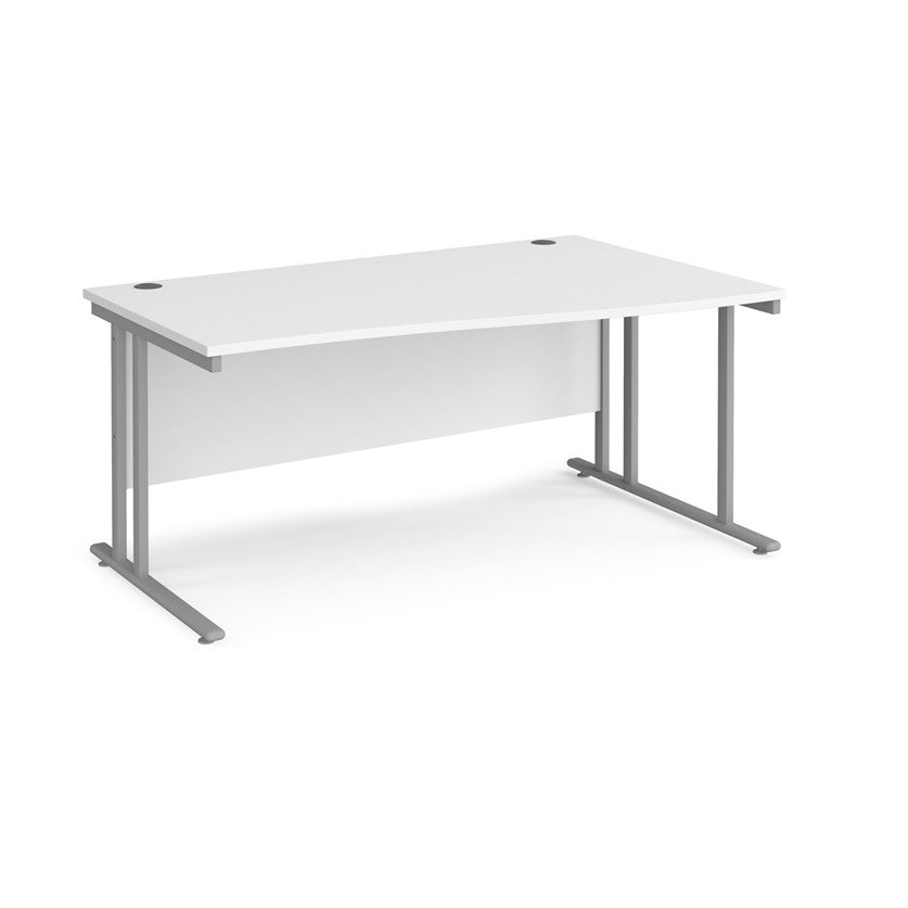 A rectangular office desk with a white tabletop and grey cantilever metal legs.
