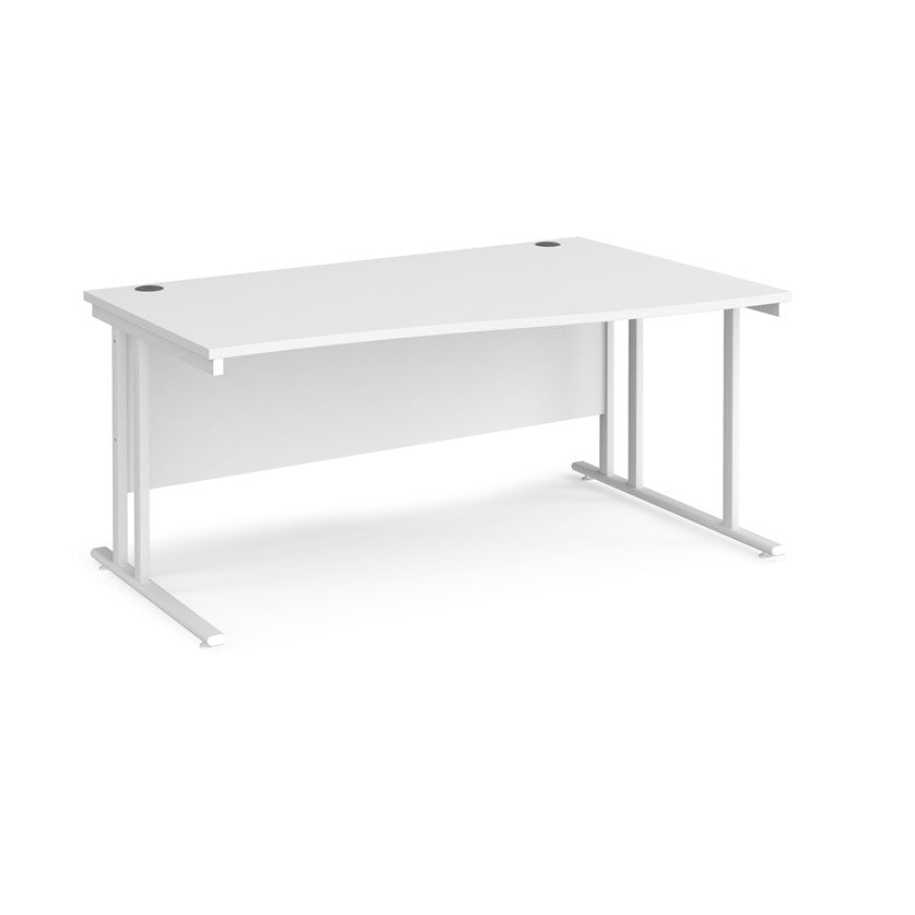 A rectangular office desk with a white tabletop and white cantilever metal legs.
