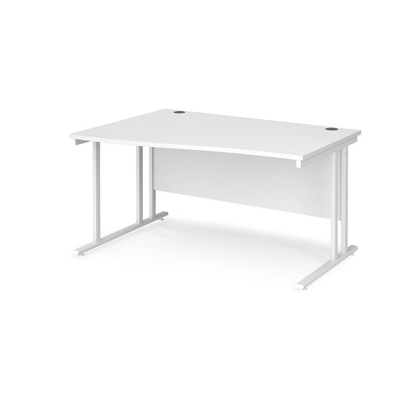 A rectangular office desk with a white tabletop and white cantilever metal legs.
