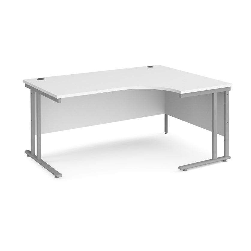 A right-hand ergonomic desk with a white melamine tabletop and grey cantilever metal frame.