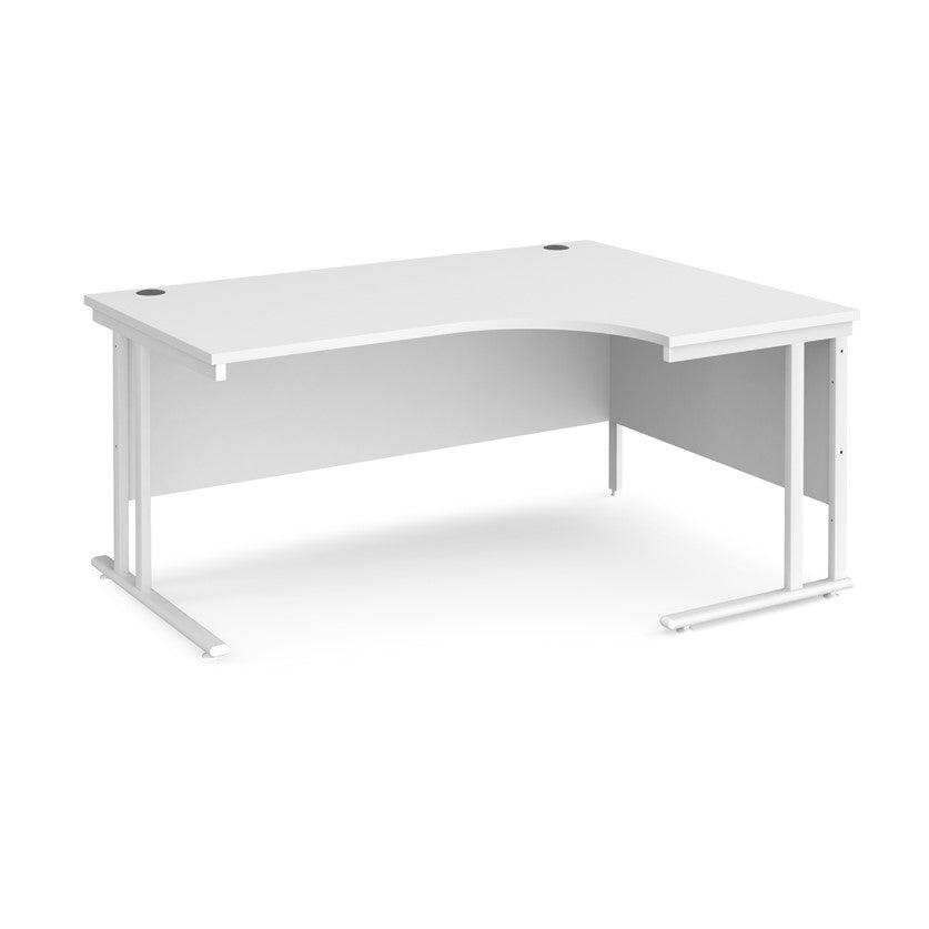 A right-hand ergonomic desk with a white melamine tabletop and white cantilever metal frame.