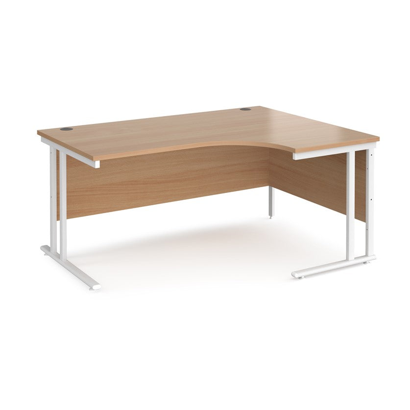 A right-hand ergonomic desk with a beech melamine tabletop and white-cantilever metal frame.