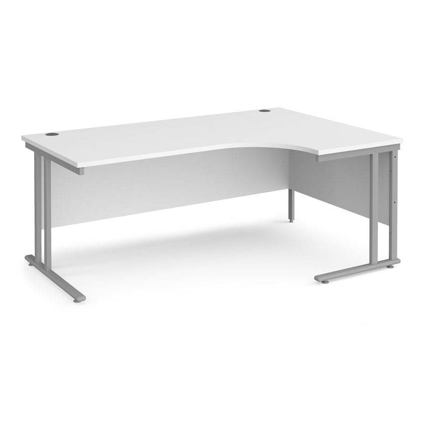 A right-hand ergonomic desk with a white melamine tabletop and grey cantilever metal frame.