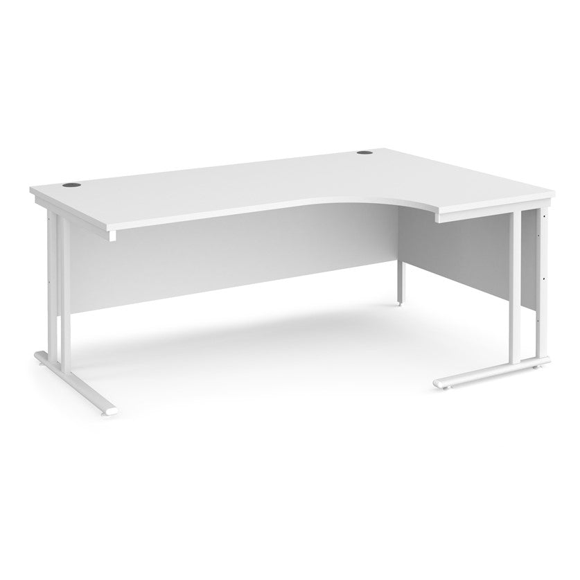 A right-hand ergonomic desk with a white melamine tabletop and wihite cantilever metal frame.